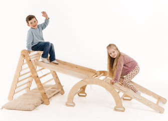 7in1 Montessori Klettergerüst Set: Kletterdreieck, Kletterbogen mit Kissen, Rutsche, Kletternetz, Maltafel und Kinderstuhl, für Kinder 1-7 Jahre – Beige