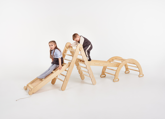 7in1 Montessori Klettergerüst Set: Kletterdreieck, Kletterbogen mit Kissen, Rutsche, Kletternetz, Maltafel und Kinderstuhl, für Kinder 1-7 Jahre – Beige