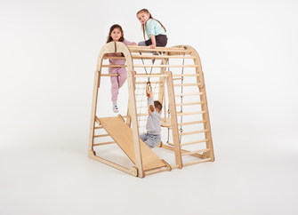 6in1 Indoor Spielplatz für Kinder: Klettergerüst mit Kletternetz, Rutsche, Gymnastikringe, Hängende Leiter und Disc-Schaukel – Beige