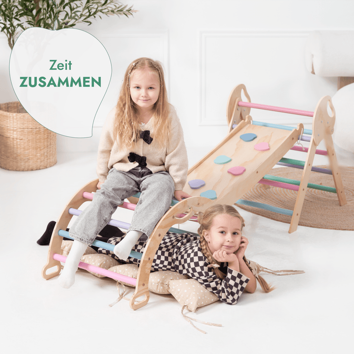 4 - in - 1 Montessori - Kletterset: Pikler - Dreieck, Kletterbogen, Rutschbrett und Kissen für Kleinkinder (1–3 Jahre) – Pastell - Goodevas DE