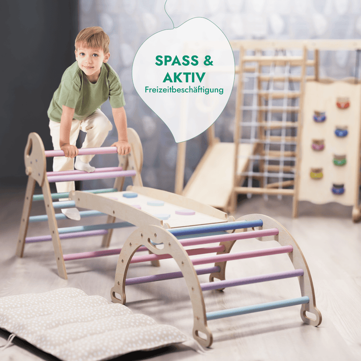 4 - in - 1 Montessori - Kletterset: Pikler - Dreieck, Kletterbogen, Rutschbrett und Kissen für Kleinkinder (1–3 Jahre) – Pastell - Goodevas DE