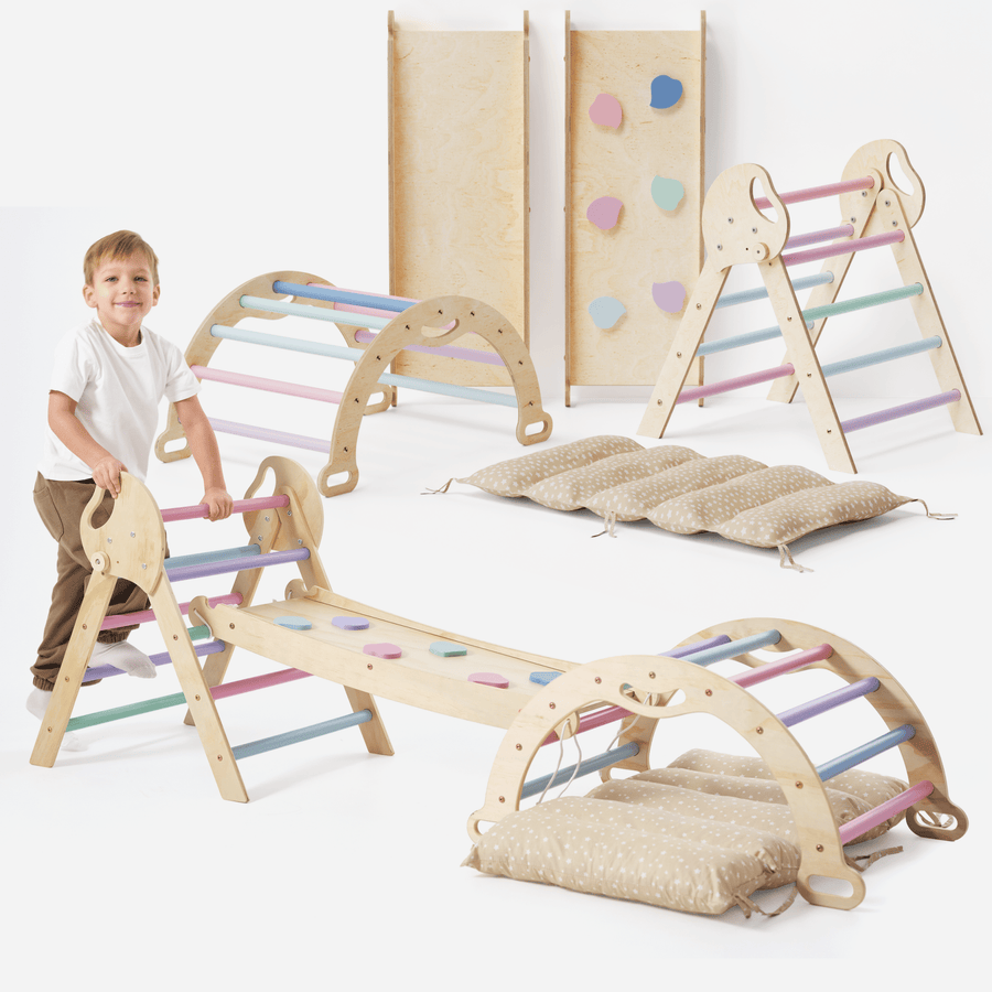 4 - in - 1 Montessori - Kletterset: Pikler - Dreieck, Kletterbogen, Rutschbrett und Kissen für Kleinkinder (1–3 Jahre) – Pastell - Goodevas DE