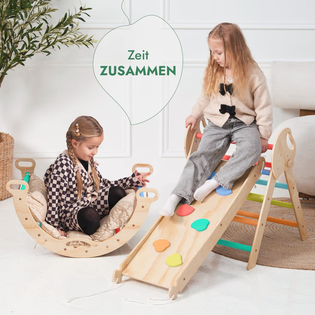 4 - in - 1 Montessori - Kletterset: Pikler - Dreieck, Kletterbogen, Rutschbrett und Kissen für Kleinkinder (1–3 Jahre) – Regenbogen - Goodevas DE