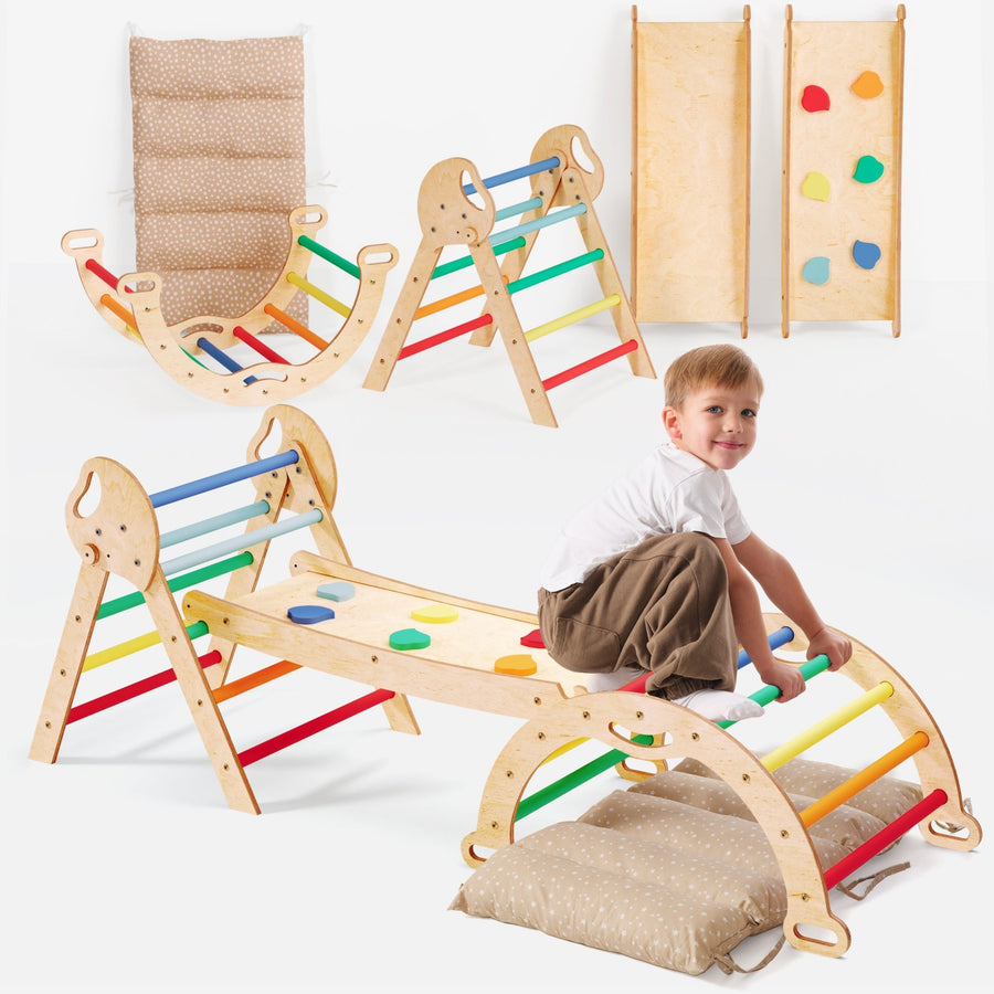 4 - in - 1 Montessori - Kletterset: Pikler - Dreieck, Kletterbogen, Rutschbrett und Kissen für Kleinkinder (1–3 Jahre) – Regenbogen - Goodevas DE