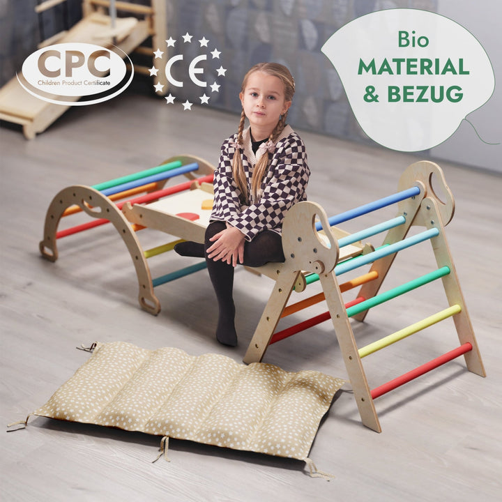 4 - in - 1 Montessori - Kletterset: Pikler - Dreieck, Kletterbogen, Rutschbrett und Kissen für Kleinkinder (1–3 Jahre) – Regenbogen - Goodevas DE