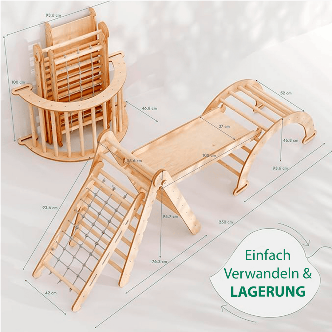 4in1 Montessori Klettergerüst Set: Kletterdreieck mit Rutsche, Kletterbogen, Kletternetz, für Kinder 1 - 7 Jahre – Beige - Goodevas Deutschland