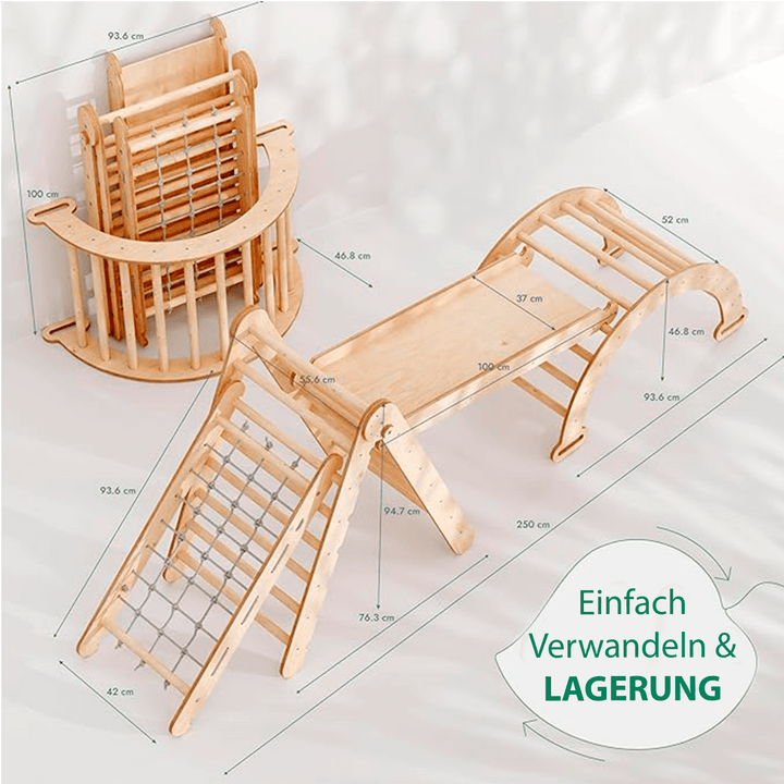 4in1 Montessori Klettergerüst Set: Kletterdreieck mit Rutsche, Kletterbogen, Kletternetz, für Kinder 1 - 7 Jahre – Beige - Goodevas Deutschland