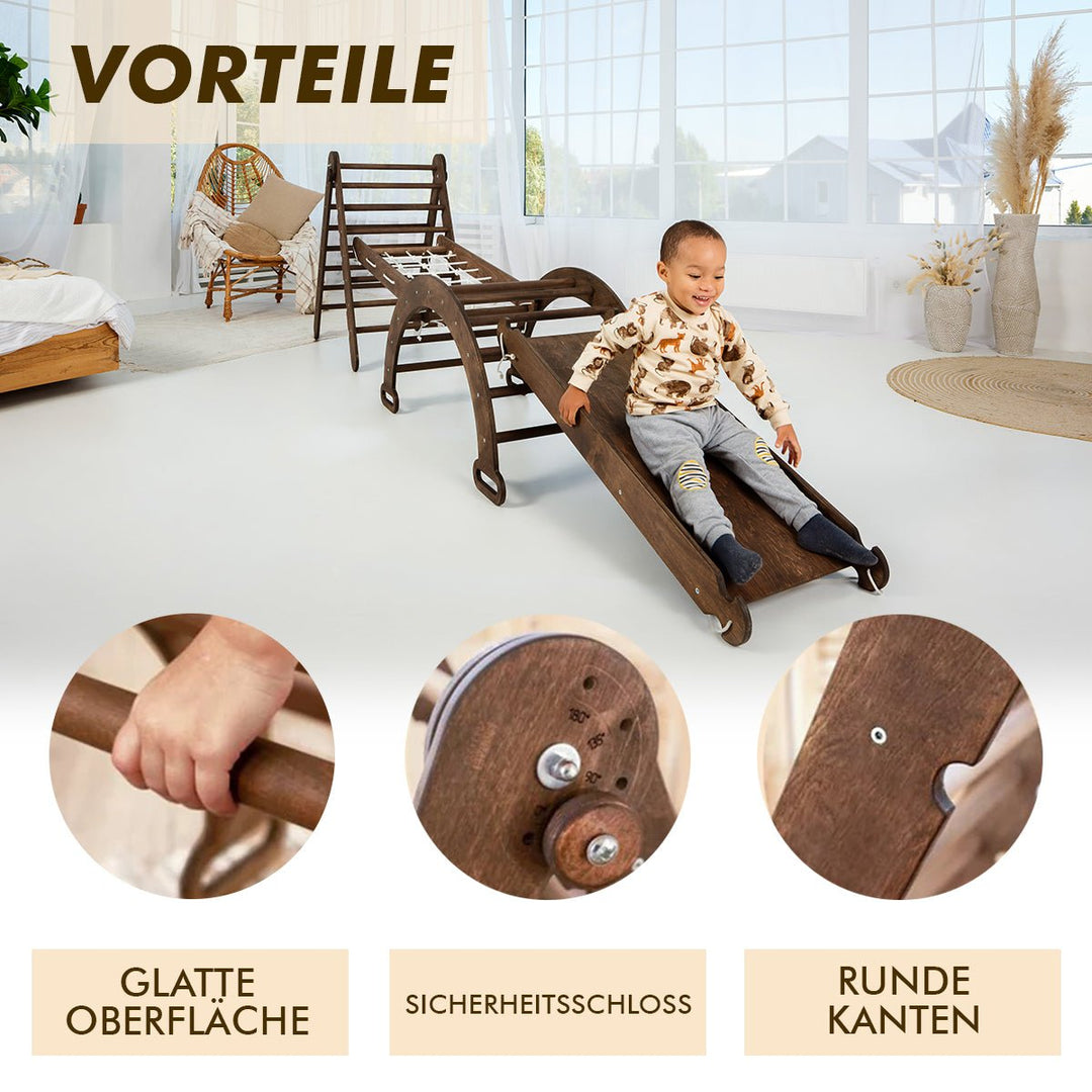 5in1 Montessori Klettergerüst Set: Kletterdreieck + Kletterbogen mit Kissen + Kletternetz und Rutsche für Kinder 1 - 7 Jahre – Schokolade - Goodevas Deutschland