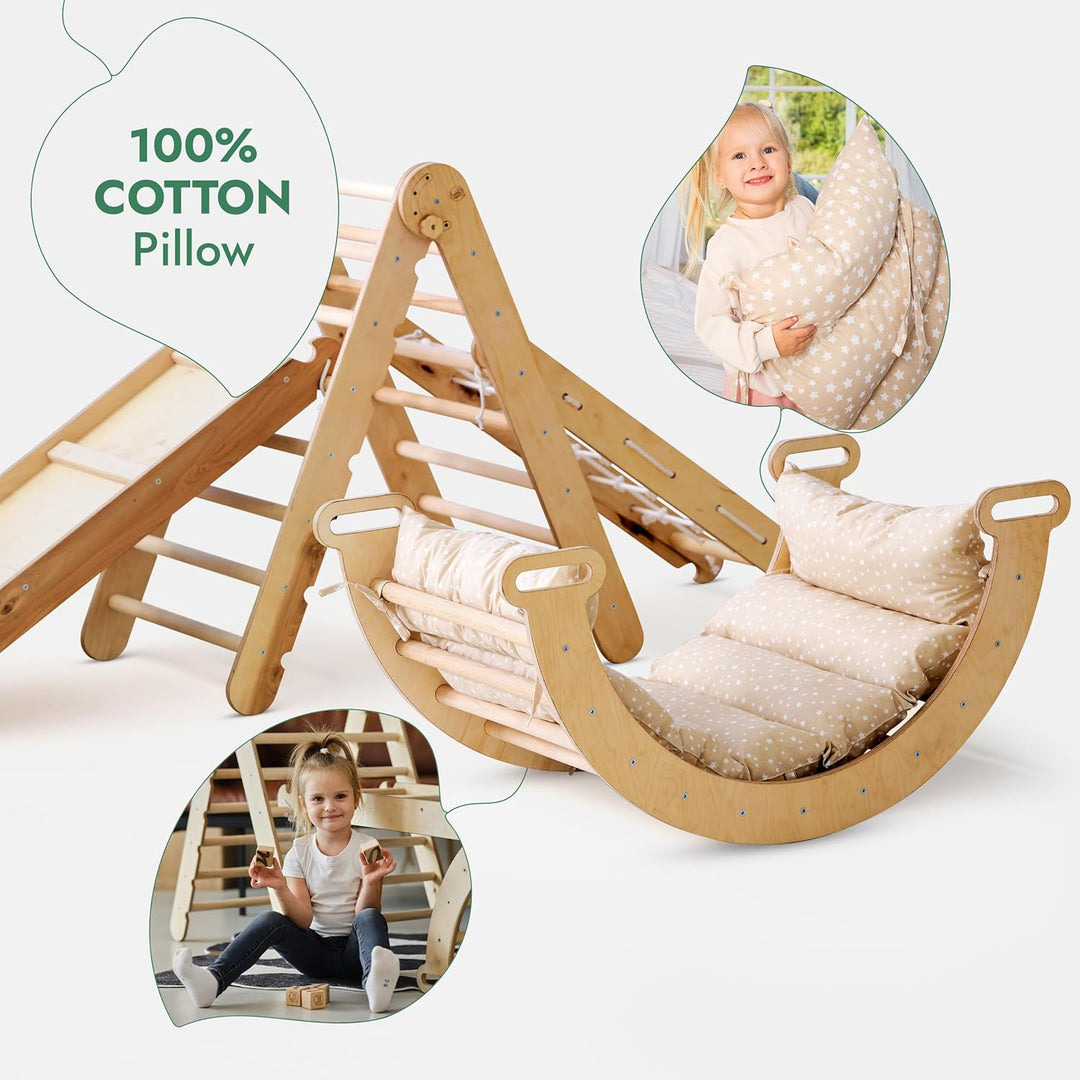 5in1 Montessori Klettergerüst Set: Kletterdreieck mit Rutsche, Kletterbogen, Kletternetz und Kissen, für Kinder 1 - 7 Jahre – Beige - Goodevas Deutschland