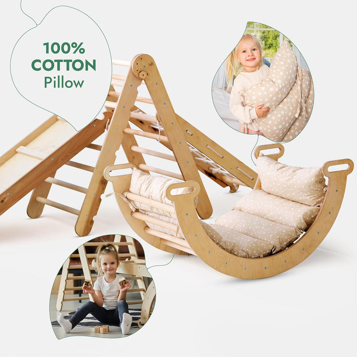 5in1 Montessori Klettergerüst Set: Kletterdreieck mit Rutsche, Kletterbogen, Kletternetz und Kissen, für Kinder 1 - 7 Jahre – Beige - Goodevas Deutschland