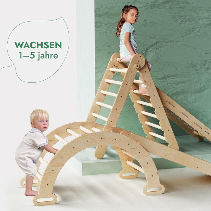 5in1 Montessori Klettergerüst Set: Kletterdreieck mit Rutsche, Kletterbogen, Kletternetz und Kissen, für Kinder 1 - 7 Jahre – Beige - Goodevas Deutschland