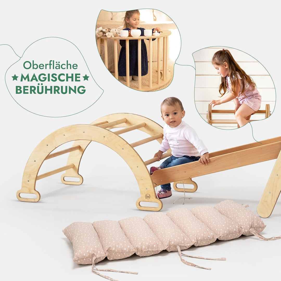 5in1 Montessori Klettergerüst Set: Kletterdreieck mit Rutsche, Kletterbogen, Kletternetz und Kissen, für Kinder 1 - 7 Jahre – Beige - Goodevas Deutschland