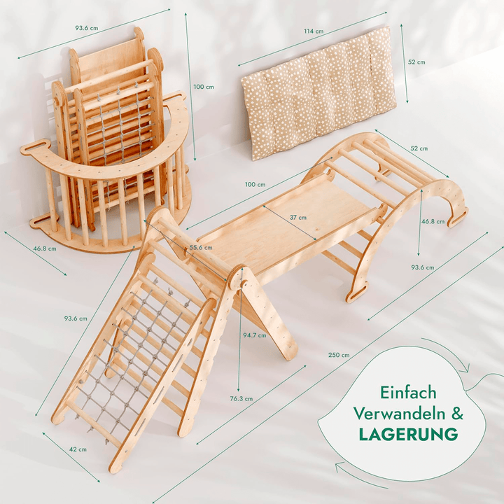 5in1 Montessori Klettergerüst Set: Kletterdreieck mit Rutsche, Kletterbogen, Kletternetz und Kissen, für Kinder 1 - 7 Jahre – Beige - Goodevas Deutschland