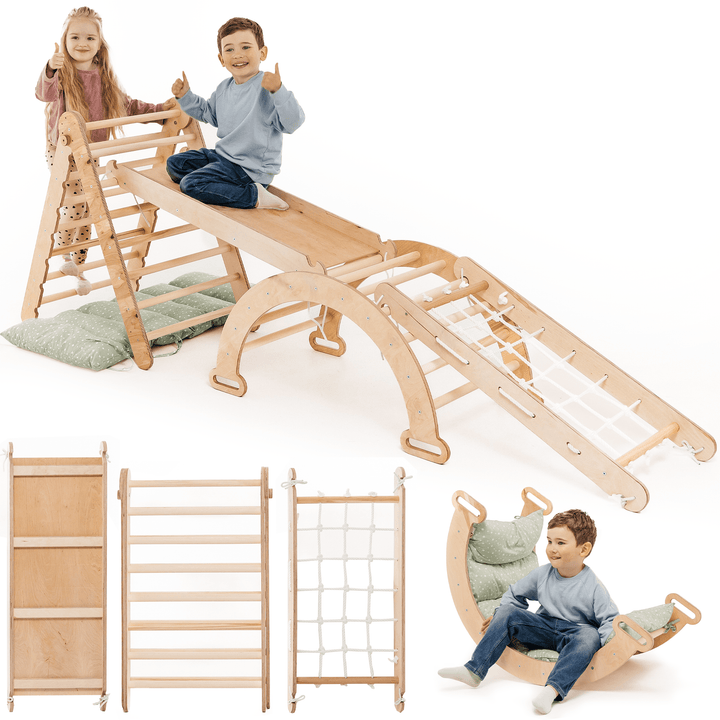 5in1 Montessori Klettergerüst Set: Kletterdreieck mit Rutsche, Kletterbogen, Kletternetz und Kissen, für Kinder 1 - 7 Jahre – Beige - Goodevas Deutschland