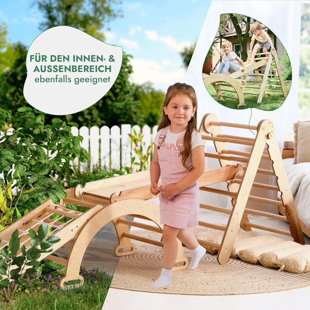 5in1 Montessori Klettergerüst Set: Kletterdreieck mit Rutsche, Kletterbogen, Kletternetz und Kissen, für Kinder 1 - 7 Jahre – Beige - Goodevas Deutschland