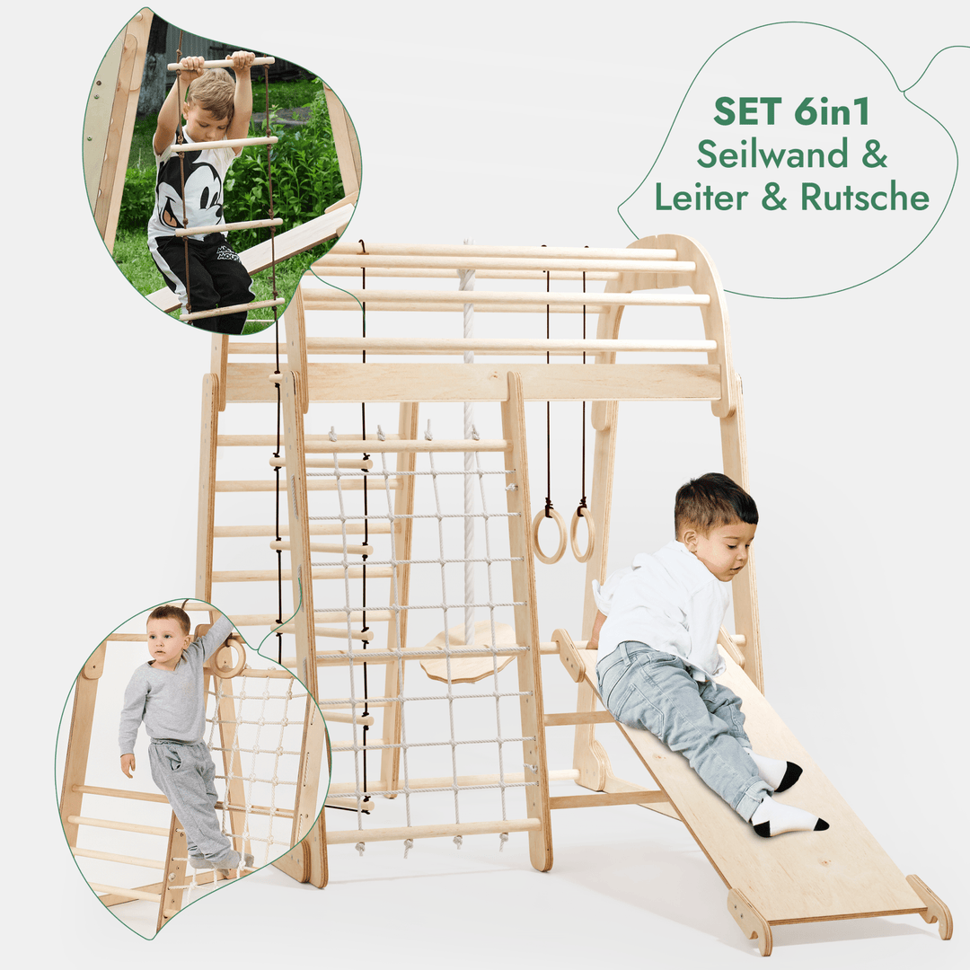 6in1 Indoor Spielplatz für Kinder: Klettergerüst mit Kletternetz, Rutsche, Gymnastikringe, Hängende Leiter und Disc - Schaukel – Beige - Goodevas Deutschland