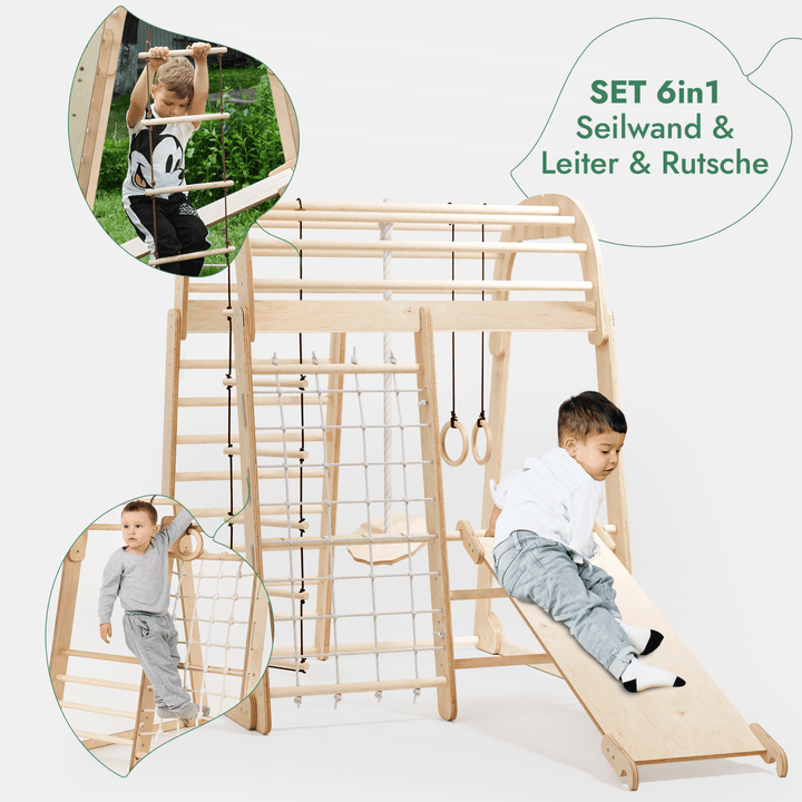 6in1 Indoor Spielplatz für Kinder: Klettergerüst mit Kletternetz, Rutsche, Gymnastikringe, Hängende Leiter und Disc - Schaukel – Beige - Goodevas Deutschland
