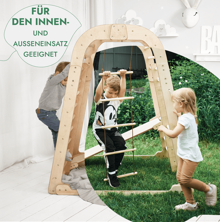 6in1 Indoor Spielplatz für Kinder: Klettergerüst mit Kletternetz, Rutsche, Gymnastikringe, Hängende Leiter und Disc - Schaukel – Beige - Goodevas Deutschland