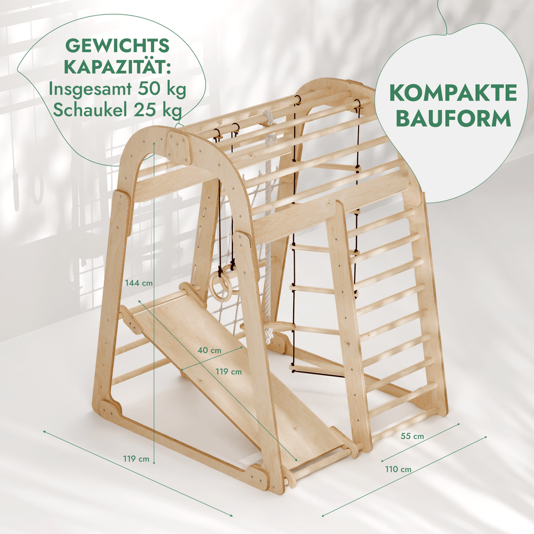 6in1 Indoor Spielplatz für Kinder: Klettergerüst mit Kletternetz, Rutsche, Gymnastikringe, Hängende Leiter und Disc - Schaukel – Beige - Goodevas Deutschland