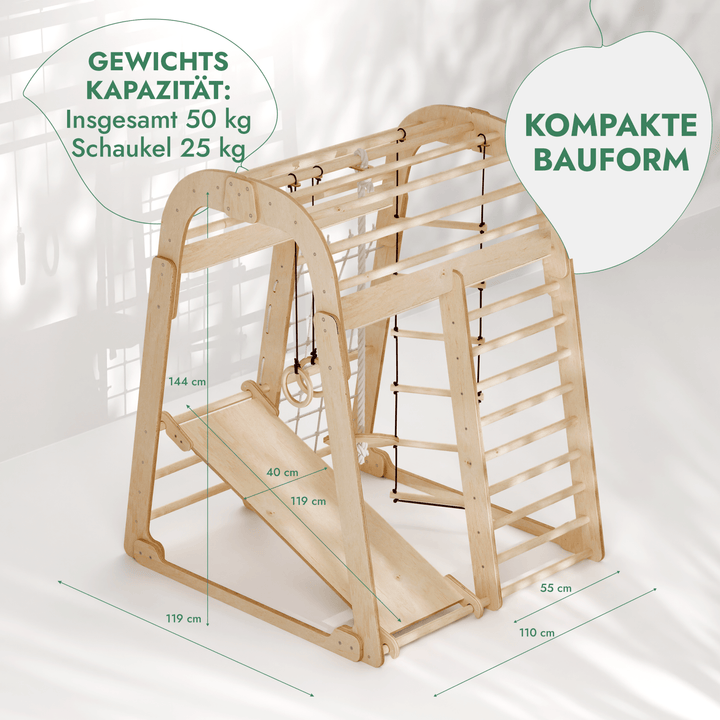 6in1 Indoor Spielplatz für Kinder: Klettergerüst mit Kletternetz, Rutsche, Gymnastikringe, Hängende Leiter und Disc - Schaukel – Beige - Goodevas Deutschland