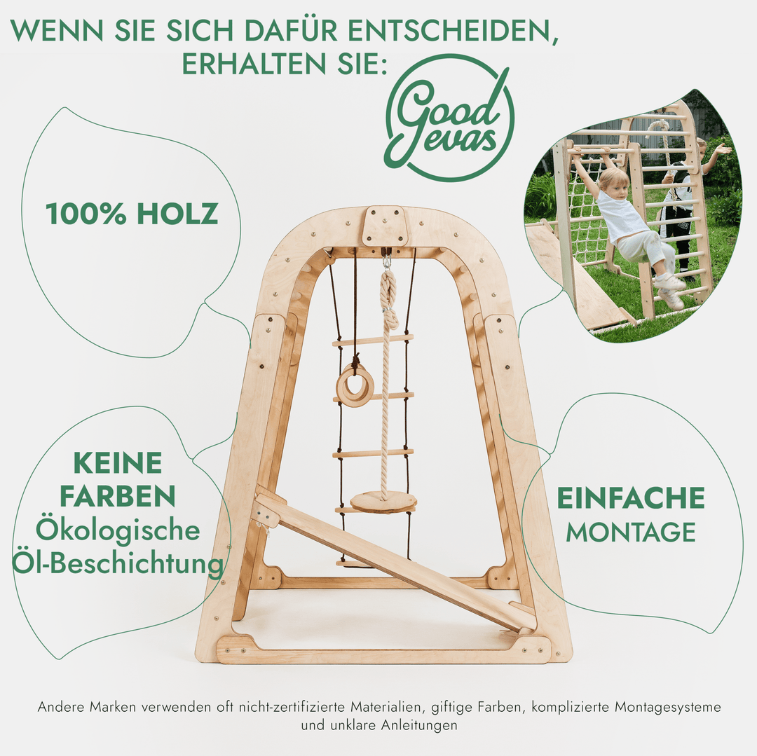 6in1 Indoor Spielplatz für Kinder: Klettergerüst mit Kletternetz, Rutsche, Gymnastikringe, Hängende Leiter und Disc - Schaukel – Beige - Goodevas Deutschland