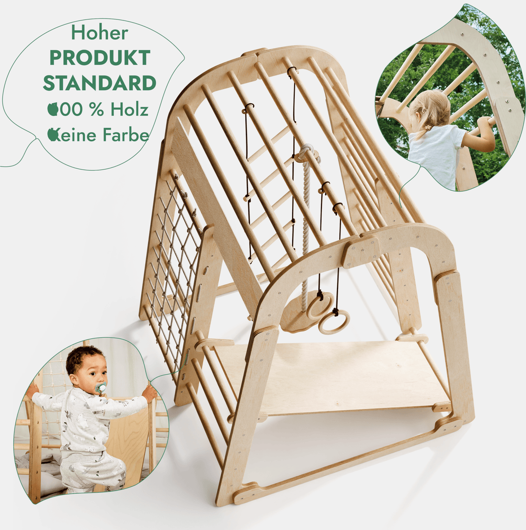 6in1 Indoor Spielplatz für Kinder: Klettergerüst mit Kletternetz, Rutsche, Gymnastikringe, Hängende Leiter und Disc - Schaukel – Beige - Goodevas Deutschland