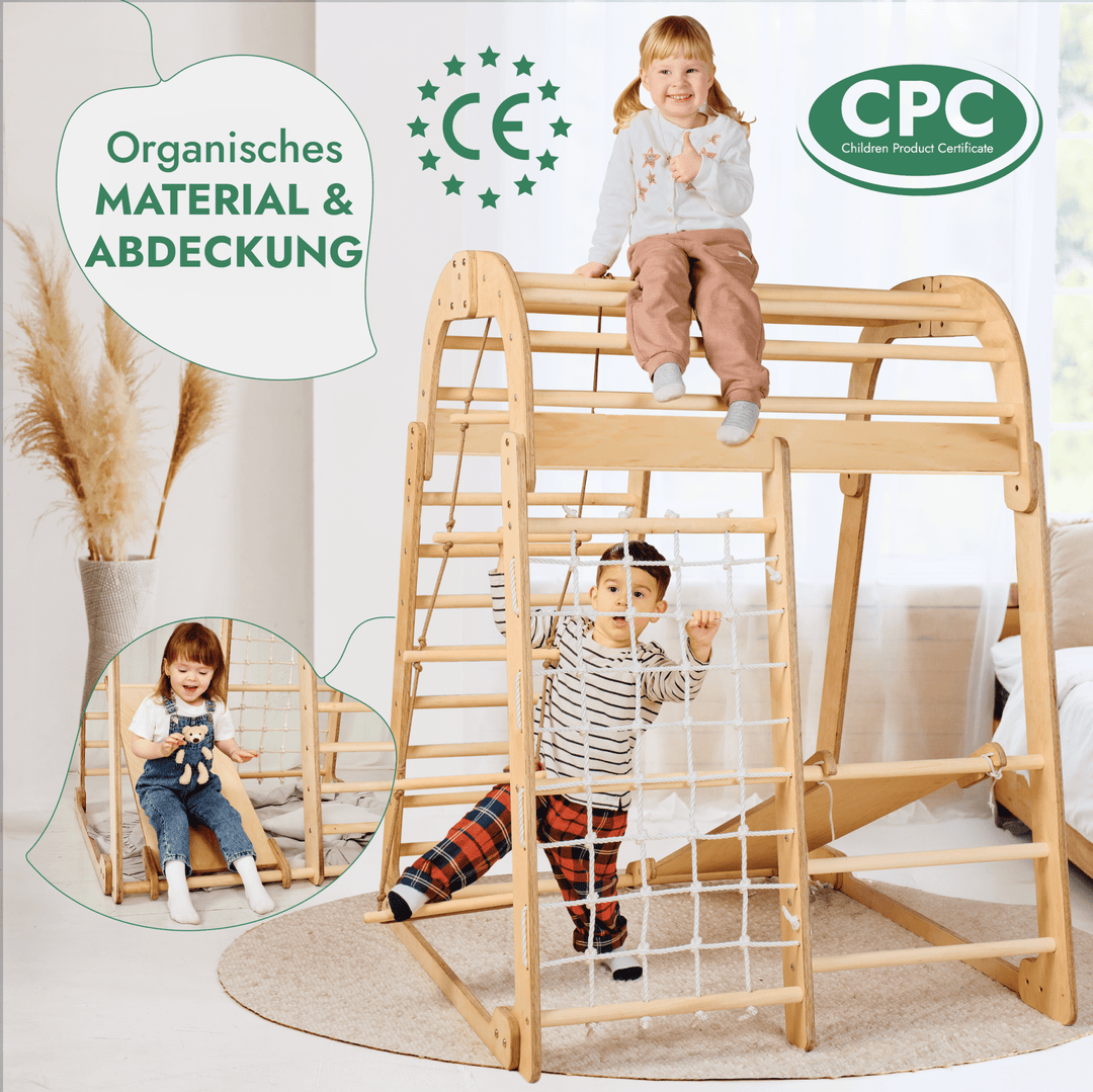 6in1 Indoor Spielplatz für Kinder: Klettergerüst mit Kletternetz, Rutsche, Gymnastikringe, Hängende Leiter und Disc - Schaukel – Beige - Goodevas Deutschland