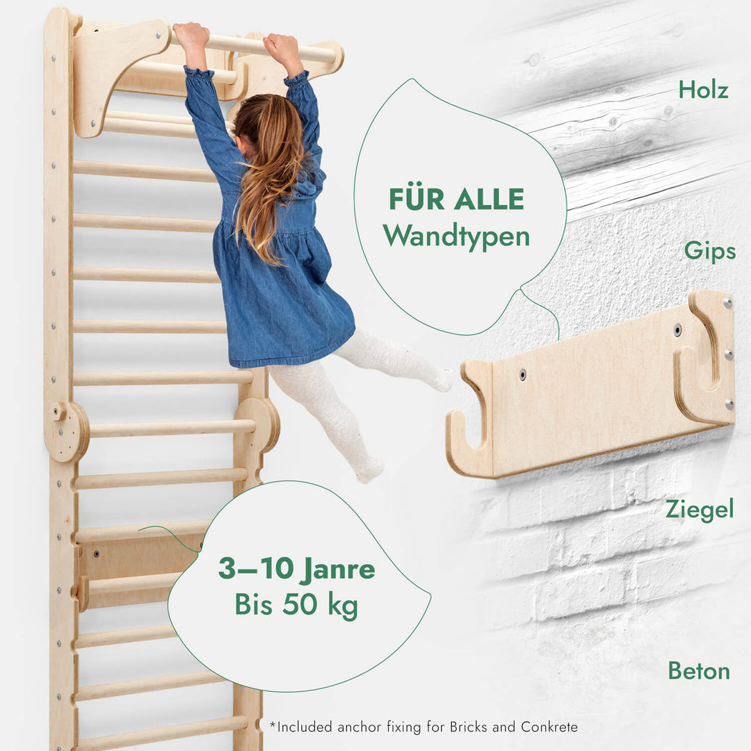 6in1 Kletterwand Indoor: Sprossenwand, Gymnastikringe, Hängende Leiter, Disc - Schaukel, Rutsche und Klimmzugstange für Kinder - Goodevas Deutschland