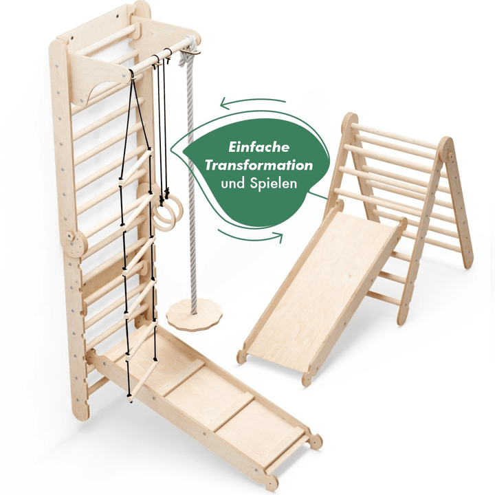 6in1 Kletterwand Indoor: Sprossenwand, Gymnastikringe, Hängende Leiter, Disc - Schaukel, Rutsche und Klimmzugstange für Kinder - Goodevas Deutschland