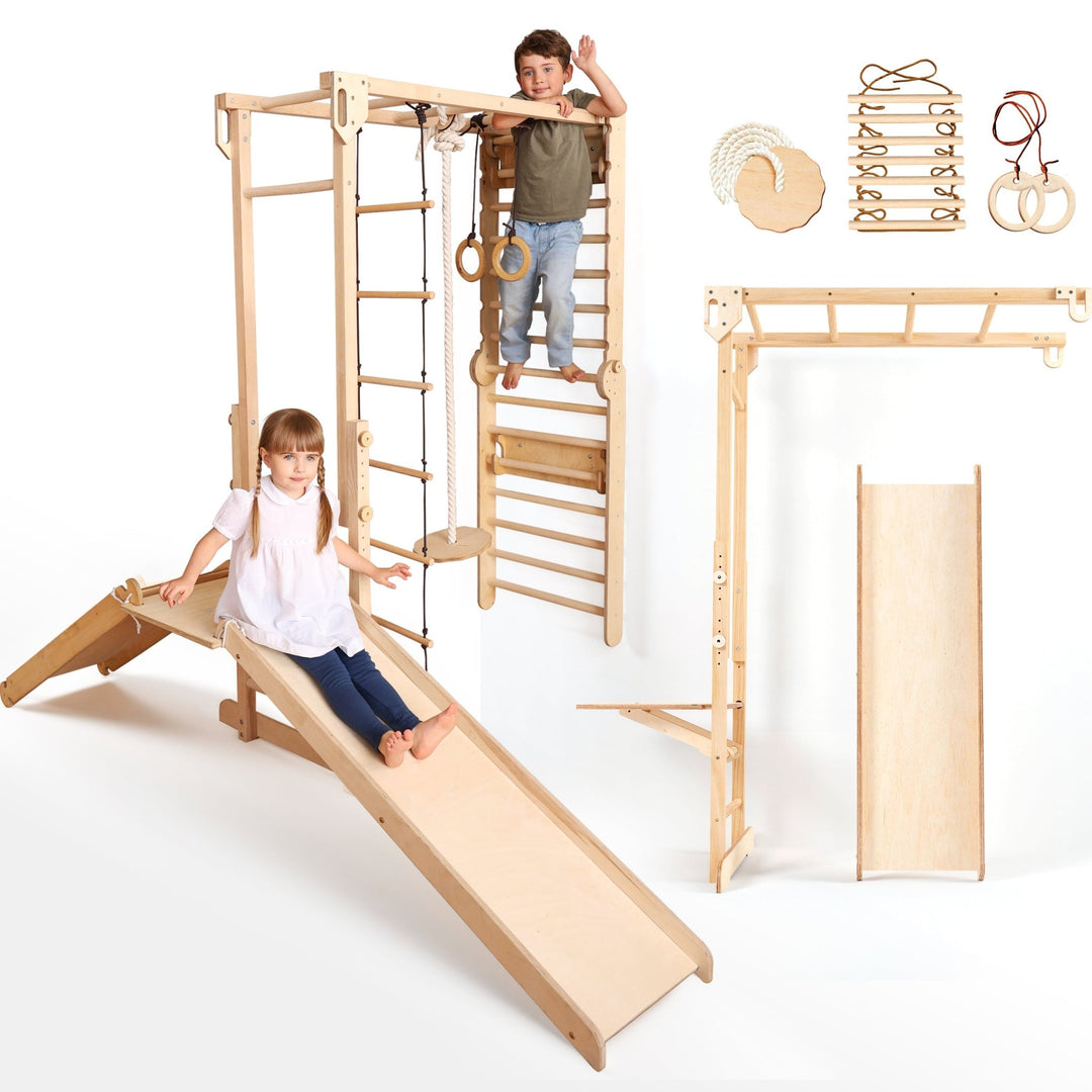 7 - in - 1 Dschungel - Spielset für Kinder: Sprossenwand + Kletterstange + Schaukelset + Rutsche + Kletterrampe - Goodevas DE