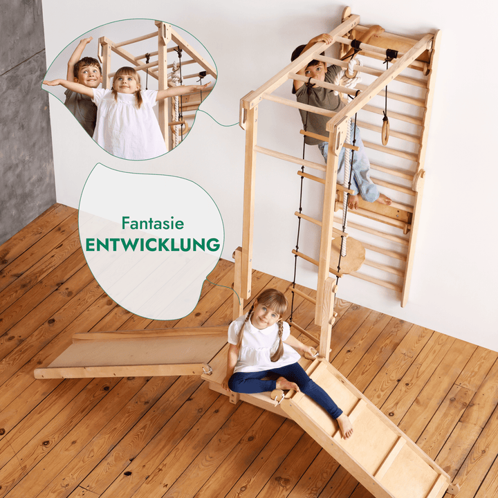 7 - in - 1 Dschungel - Spielset für Kinder: Sprossenwand + Kletterstange + Schaukelset + Rutsche + Kletterrampe - Goodevas DE