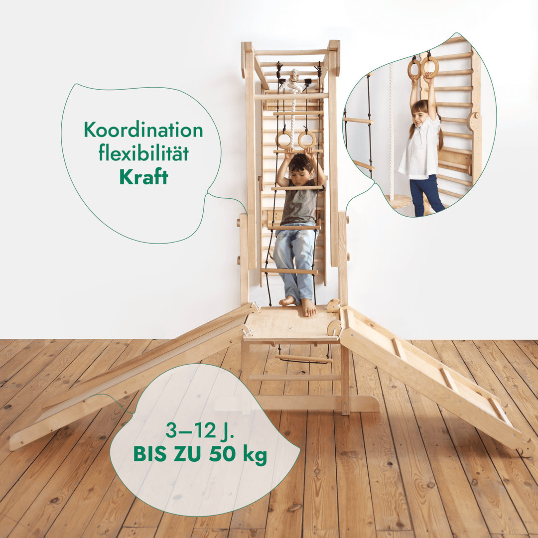 7 - in - 1 Dschungel - Spielset für Kinder: Sprossenwand + Kletterstange + Schaukelset + Rutsche + Kletterrampe - Goodevas DE