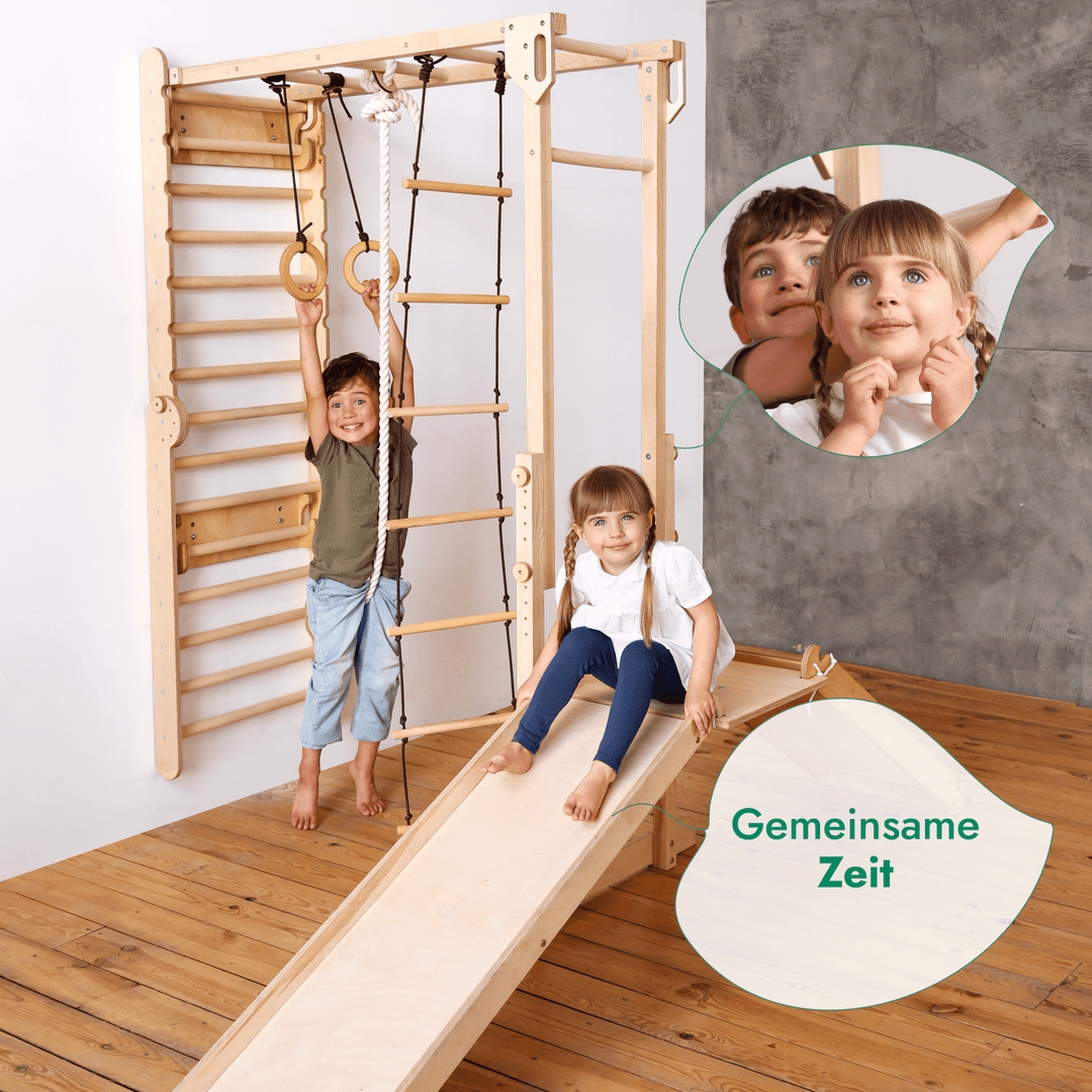 7 - in - 1 Dschungel - Spielset für Kinder: Sprossenwand + Kletterstange + Schaukelset + Rutsche + Kletterrampe - Goodevas DE