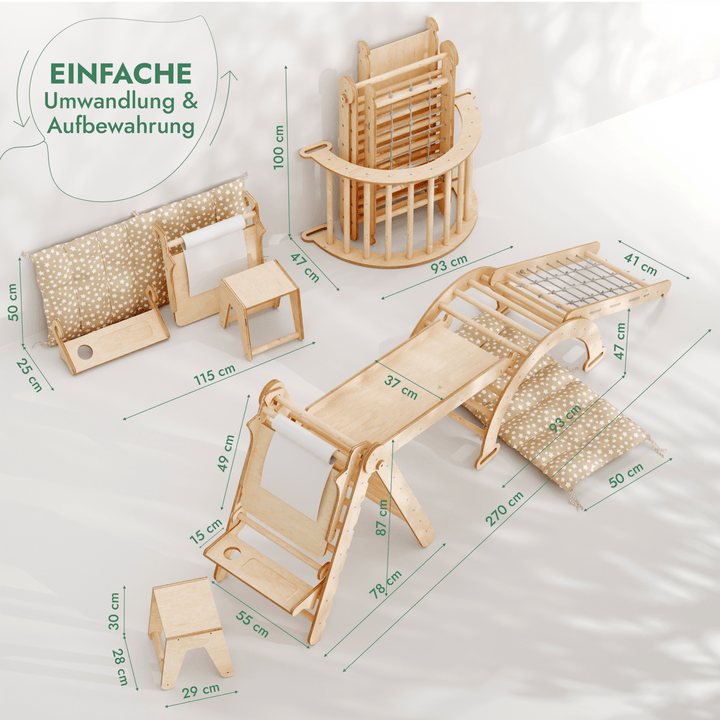 7in1 Montessori Klettergerüst Set: Kletterdreieck, Kletterbogen mit Kissen, Rutsche, Kletternetz, Maltafel und Kinderstuhl, für Kinder 1 - 7 Jahre – Beige - Goodevas DE