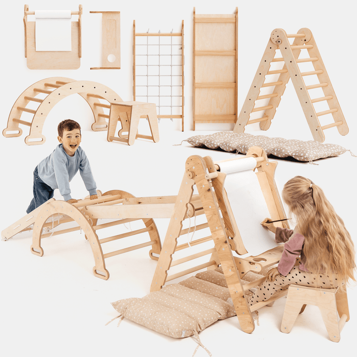 7in1 Montessori Klettergerüst Set: Kletterdreieck, Kletterbogen mit Kissen, Rutsche, Kletternetz, Maltafel und Kinderstuhl, für Kinder 1 - 7 Jahre – Beige - Goodevas DE