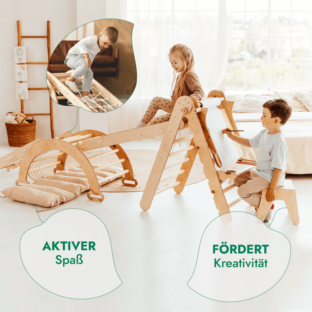 7in1 Montessori Klettergerüst Set: Kletterdreieck, Kletterbogen mit Kissen, Rutsche, Kletternetz, Maltafel und Kinderstuhl, für Kinder 1 - 7 Jahre – Beige - Goodevas DE