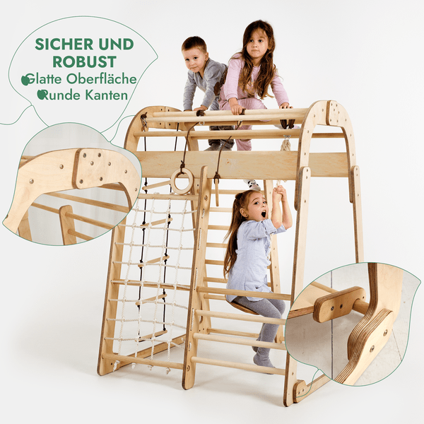 8in1 Indoor Spielplatz: Klettergerüst mit Kletternetz, Rutsche, Gymnastikringe, Hängende Leiter, Disc - Schaukel, Maltafel und Kinderstuhl – Beige - Goodevas Deutschland