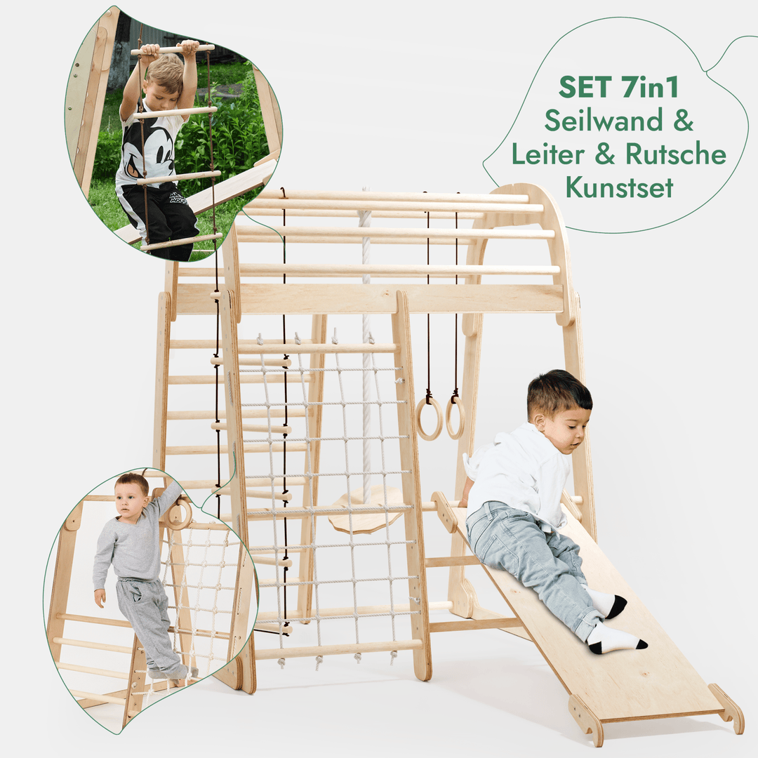 8in1 Indoor Spielplatz: Klettergerüst mit Kletternetz, Rutsche, Gymnastikringe, Hängende Leiter, Disc - Schaukel, Maltafel und Kinderstuhl – Beige - Goodevas Deutschland