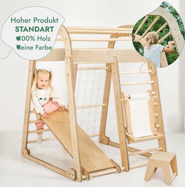 8in1 Indoor Spielplatz: Klettergerüst mit Kletternetz, Rutsche, Gymnastikringe, Hängende Leiter, Disc - Schaukel, Maltafel und Kinderstuhl – Beige - Goodevas Deutschland
