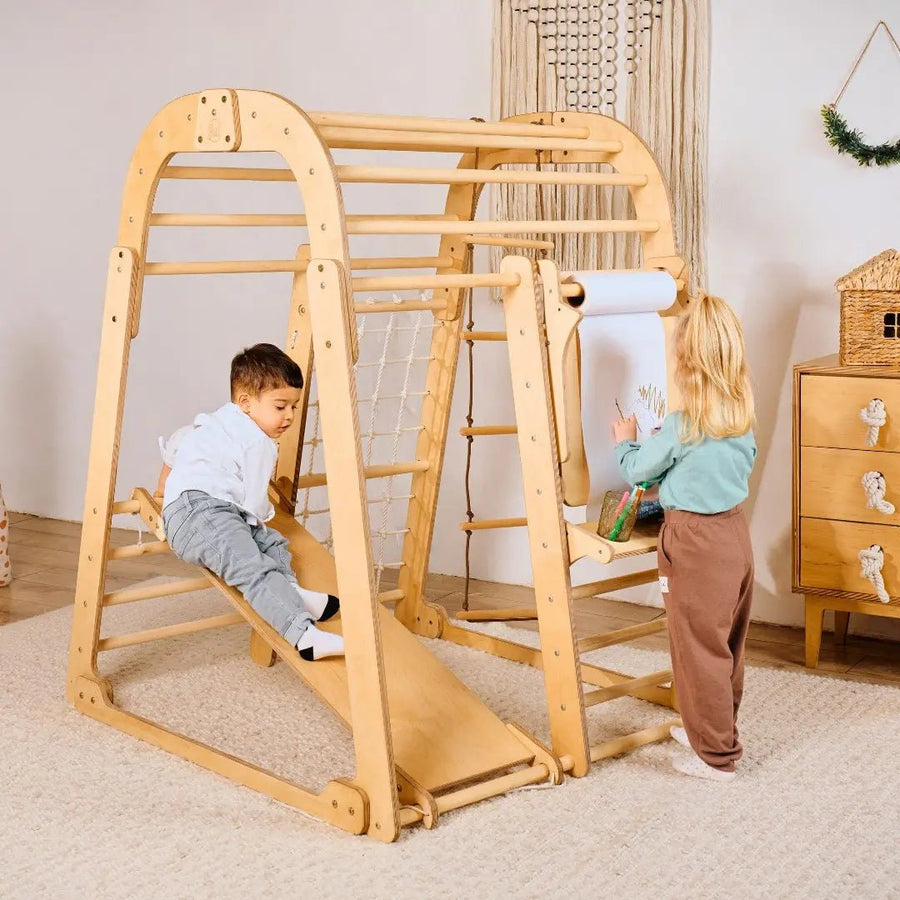 8in1 Indoor Spielplatz: Klettergerüst mit Kletternetz, Rutsche, Gymnastikringe, Hängende Leiter, Disc - Schaukel, Maltafel und Kinderstuhl – Beige - Goodevas Deutschland