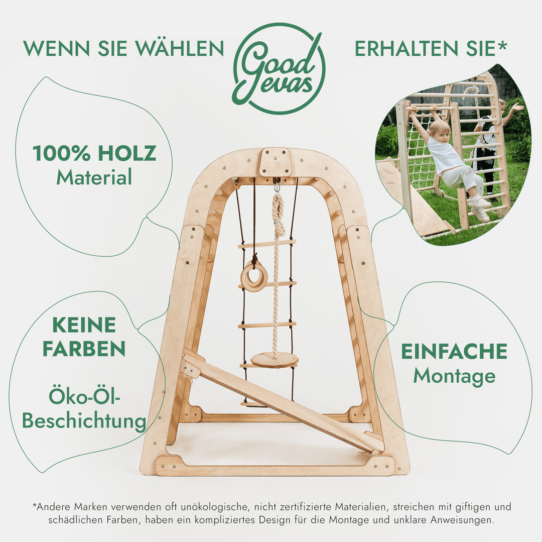 8in1 Indoor Spielplatz: Klettergerüst mit Kletternetz, Rutsche, Gymnastikringe, Hängende Leiter, Disc - Schaukel, Maltafel und Kinderstuhl – Beige - Goodevas Deutschland