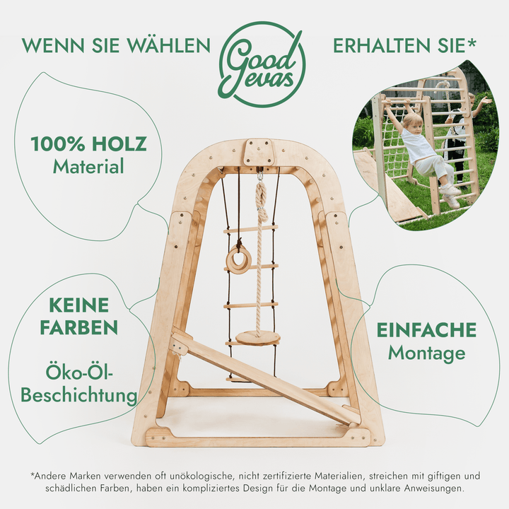 8in1 Indoor Spielplatz: Klettergerüst mit Kletternetz, Rutsche, Gymnastikringe, Hängende Leiter, Disc - Schaukel, Maltafel und Kinderstuhl – Beige - Goodevas Deutschland