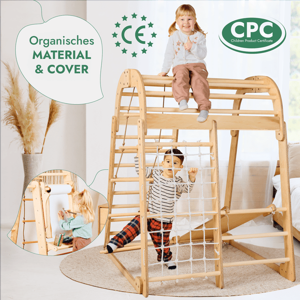 8in1 Indoor Spielplatz: Klettergerüst mit Kletternetz, Rutsche, Gymnastikringe, Hängende Leiter, Disc - Schaukel, Maltafel und Kinderstuhl – Beige - Goodevas Deutschland
