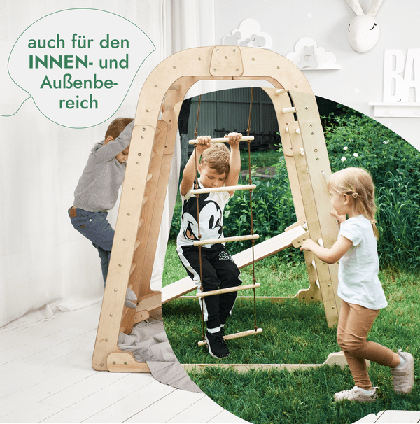 8in1 Indoor Spielplatz: Klettergerüst mit Kletternetz, Rutsche, Gymnastikringe, Hängende Leiter, Disc - Schaukel, Maltafel und Kinderstuhl – Beige - Goodevas Deutschland