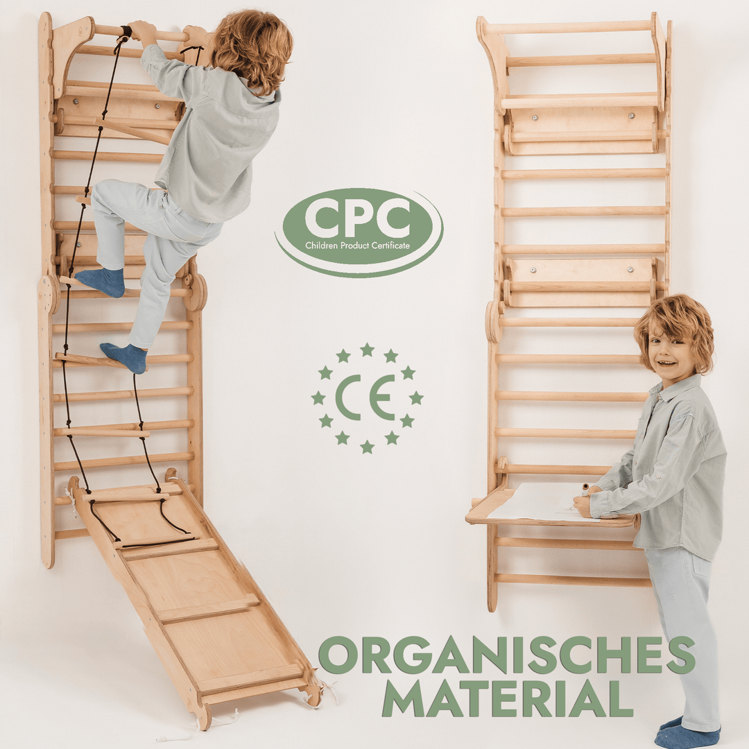 8in1 Kletterwand Indoor: Sprossenwand, Gymnastikringe, Hängende Leiter, Disc - Schaukel, Rutsche, Klimmzugstange, Maltafel und Kinderstuhl für Kinder – Beige - Goodevas Deutschland