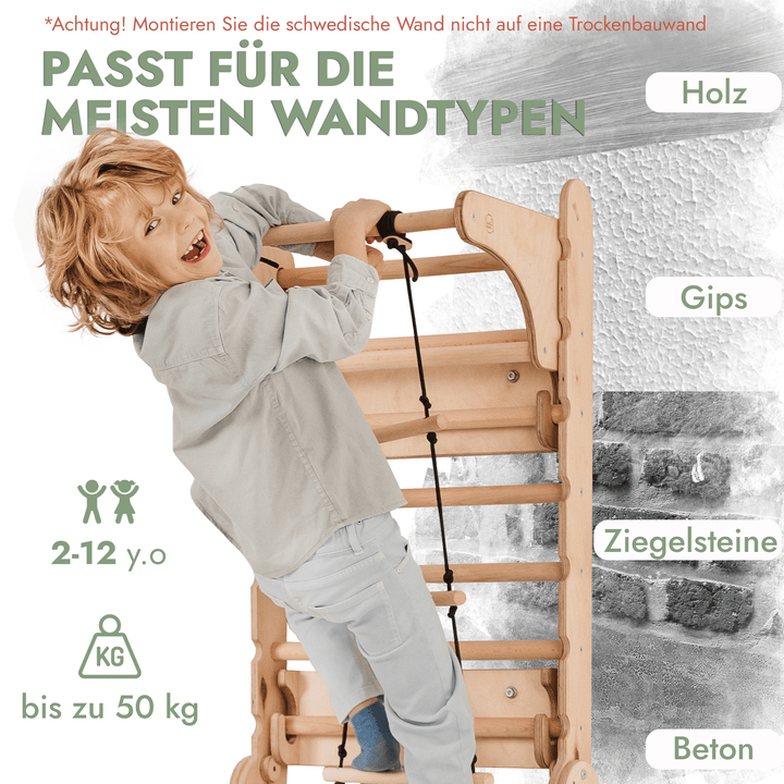 8in1 Kletterwand Indoor: Sprossenwand, Gymnastikringe, Hängende Leiter, Disc - Schaukel, Rutsche, Klimmzugstange, Maltafel und Kinderstuhl für Kinder – Beige - Goodevas Deutschland