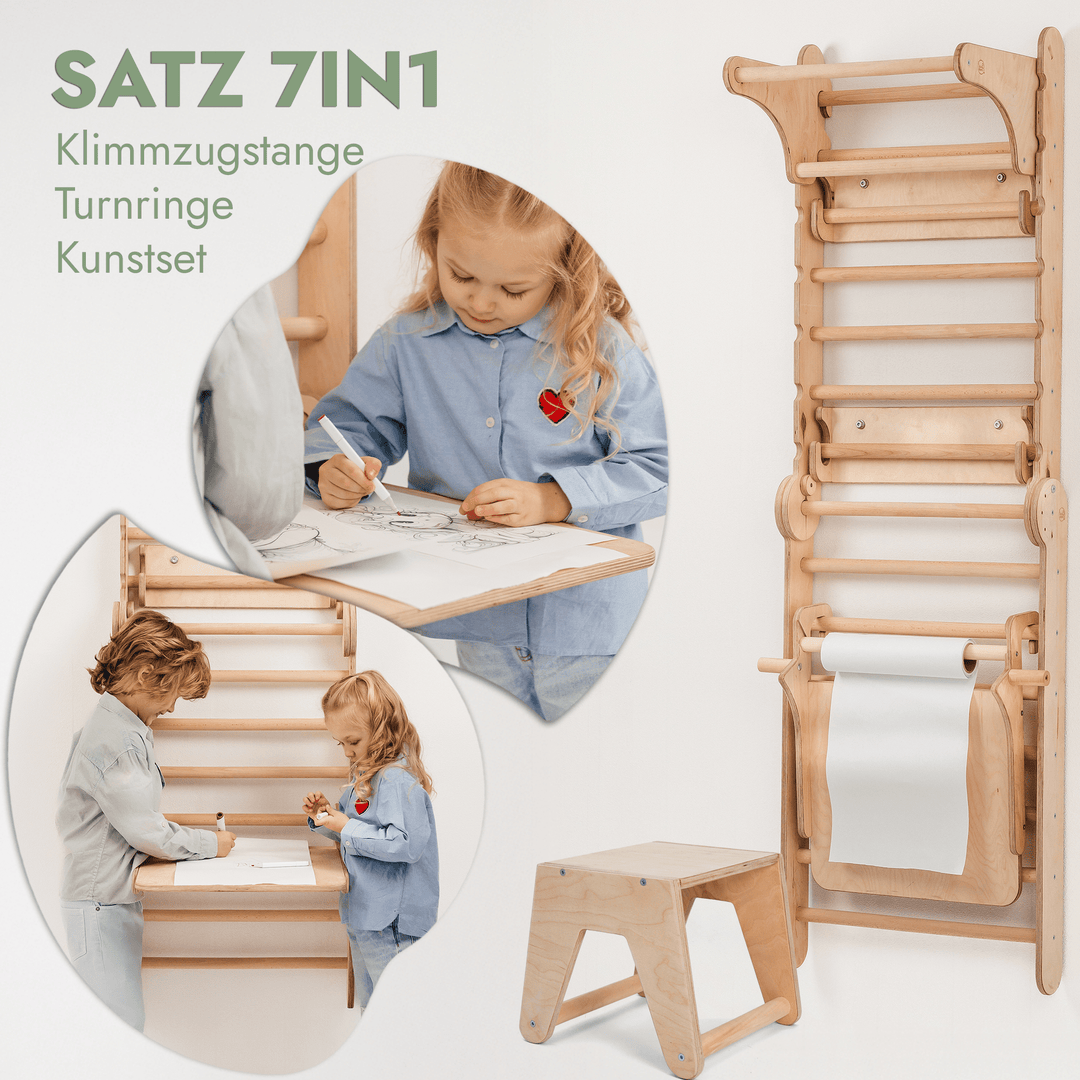 8in1 Kletterwand Indoor: Sprossenwand, Gymnastikringe, Hängende Leiter, Disc - Schaukel, Rutsche, Klimmzugstange, Maltafel und Kinderstuhl für Kinder – Beige - Goodevas Deutschland
