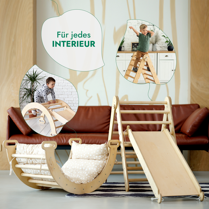 4in1 Montessori Klettergerüst Set: Kletterdreieck mit Rutsche, Kletterbogen mit Kissen, für Kinder 1-7 Jahre – Beige