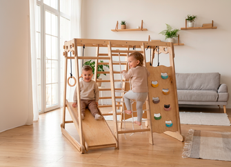 6in1 Indoor-Spielplatz aus Holz für Kinder –  Schaukel, Rutsche, Seil und Treppe