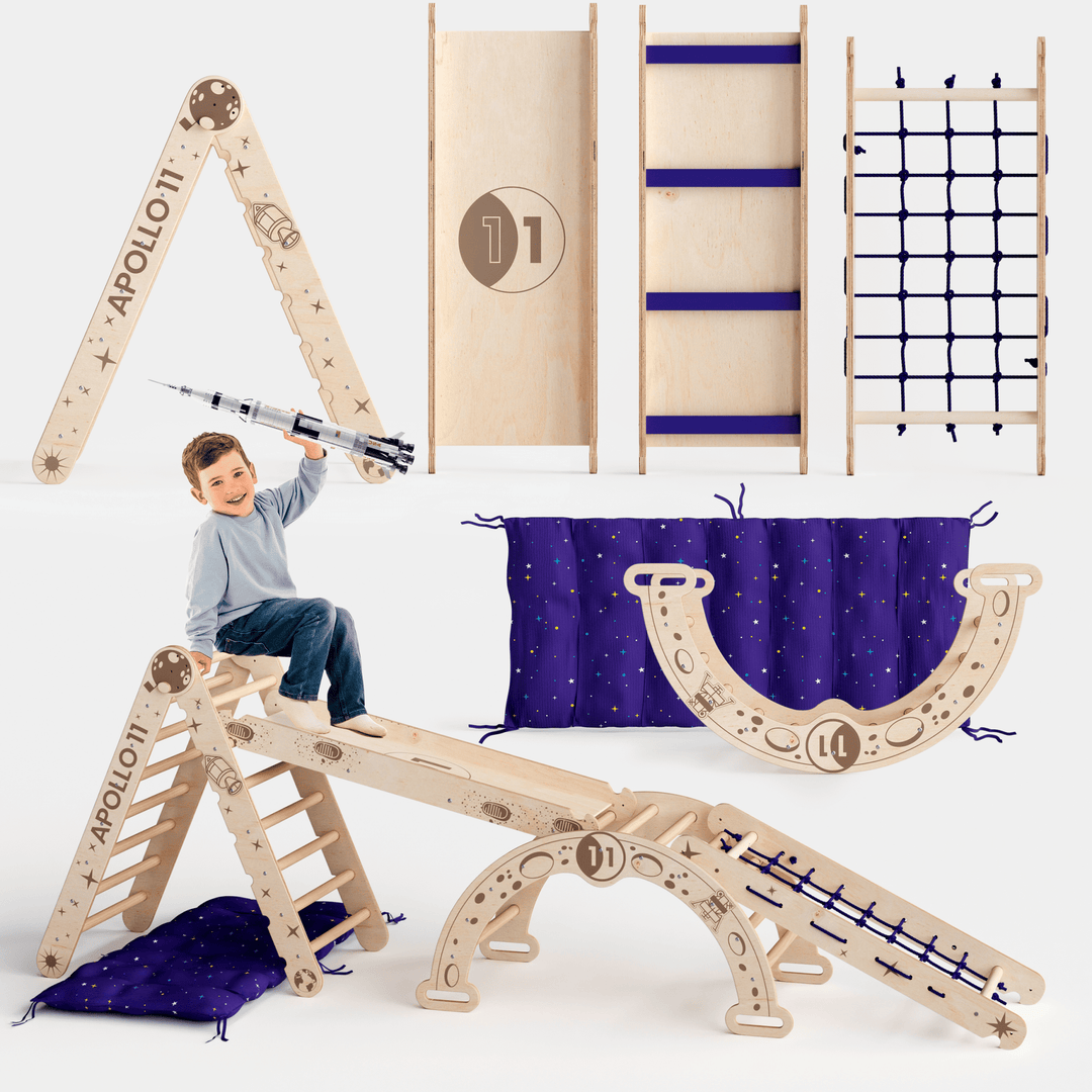 Apollo 5 - in - 1 Kletterset: Pikler - Dreieck, Kletterbogen, Rutschbrett, Kissen und Netz für kleine Astronauten - Goodevas Deutschland